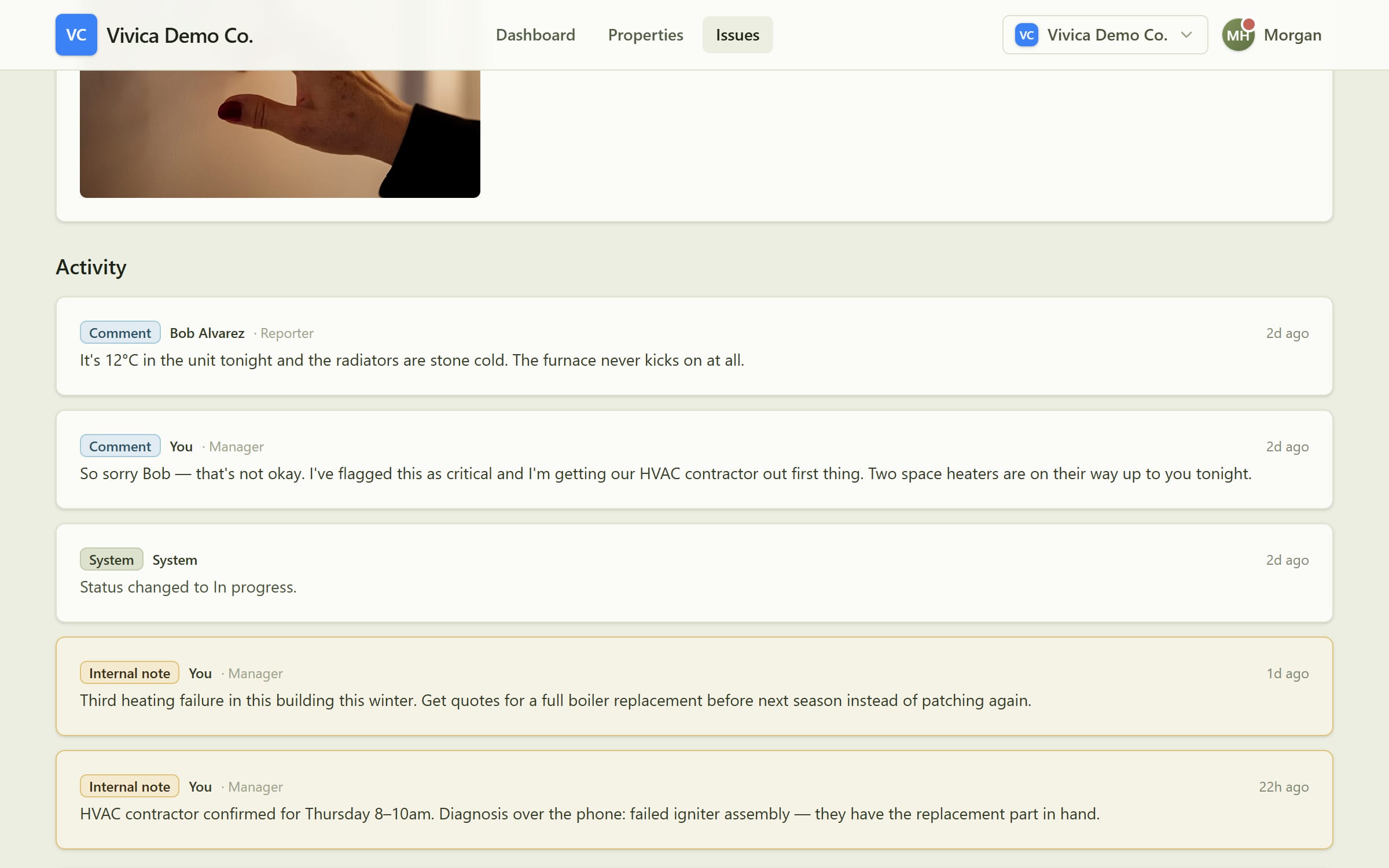 An issue in Vivica with its property, unit and reporter context, a photo, and an activity timeline of tenant and manager comments, a status change, and manager-only internal notes.